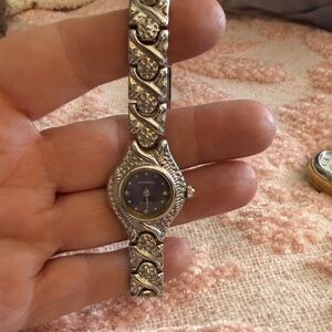 Women's Silver-Tone Ornate Bracelet Watch with Dark Dial